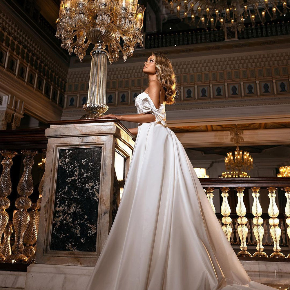 
                      
                        A-Line Off-the-Shoulder Lace Satin Floor-Length Wedding Dress with Sweetheart Appliques
                      
                    