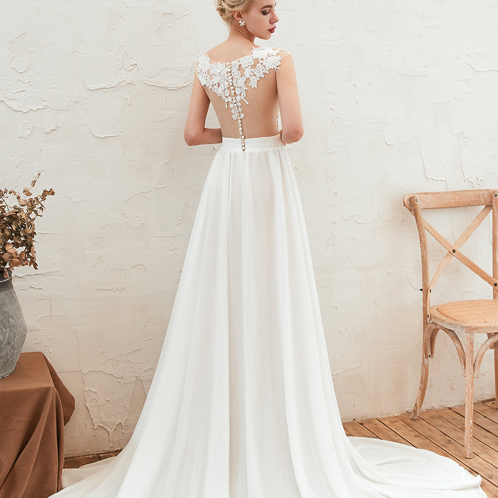 
                      
                        Bateau Neck A-Line Chiffon Wedding Dress with Lace Appliques, Ruffles, and Slit
                      
                    