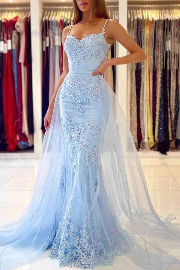 Sky Blue Lace Mermaid Prom Dress