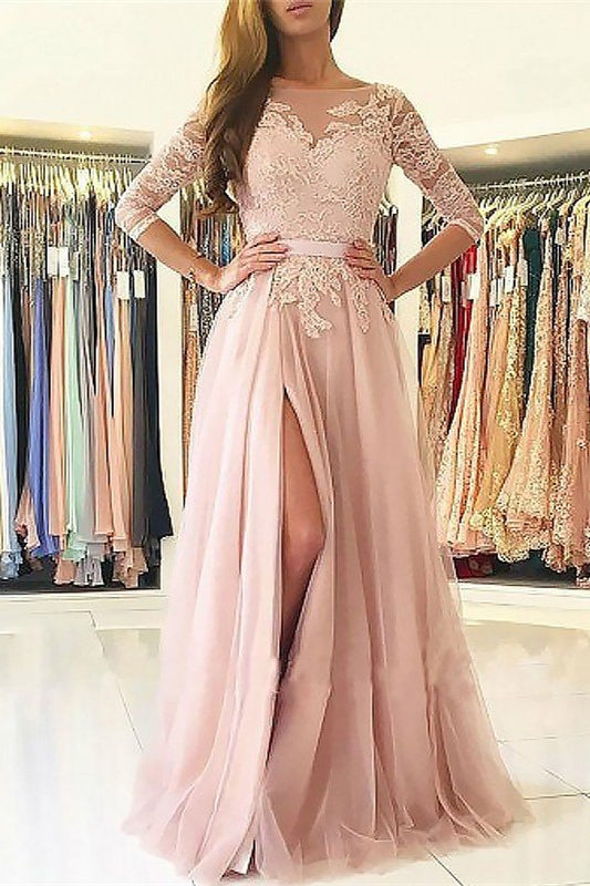 Pink 3/4 Sleeves Prom Dress with Split