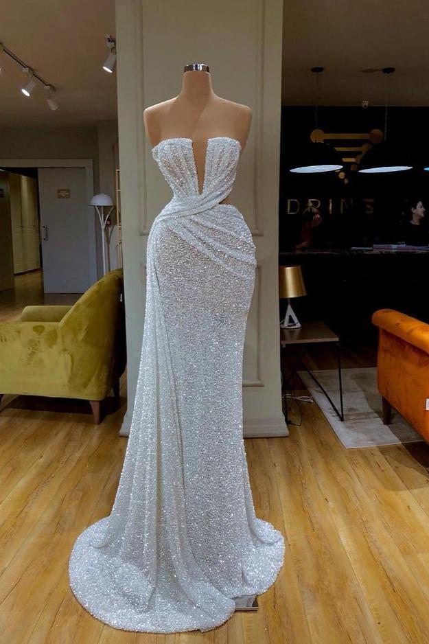 Gorgeous White Sequins Strapless Online Prom Dress