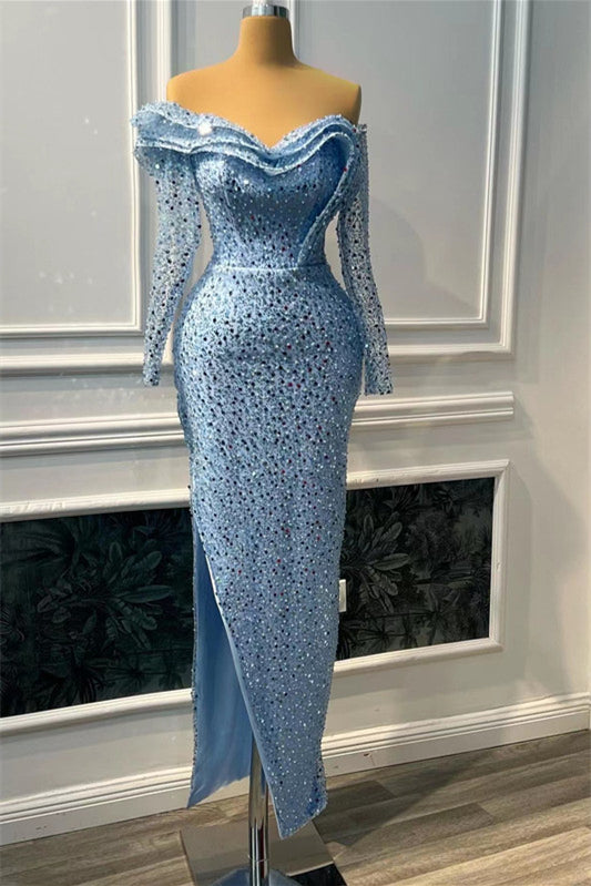 Blue Sweetheart Long Sleeves Sequins Mermaid Prom Dress with Split Beads