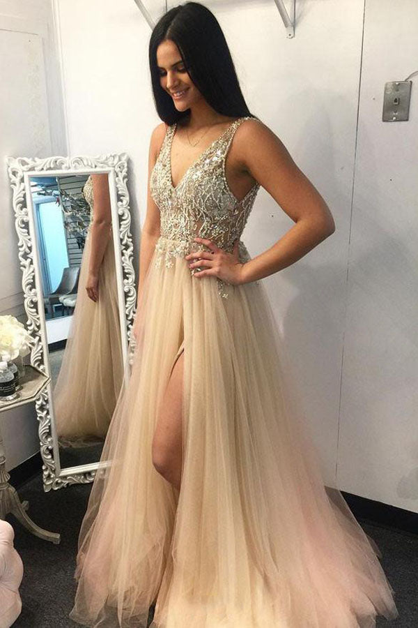 
                      
                        Beaded A Line Gold Tulle Long Prom Dress Split Evening Gown
                      
                    