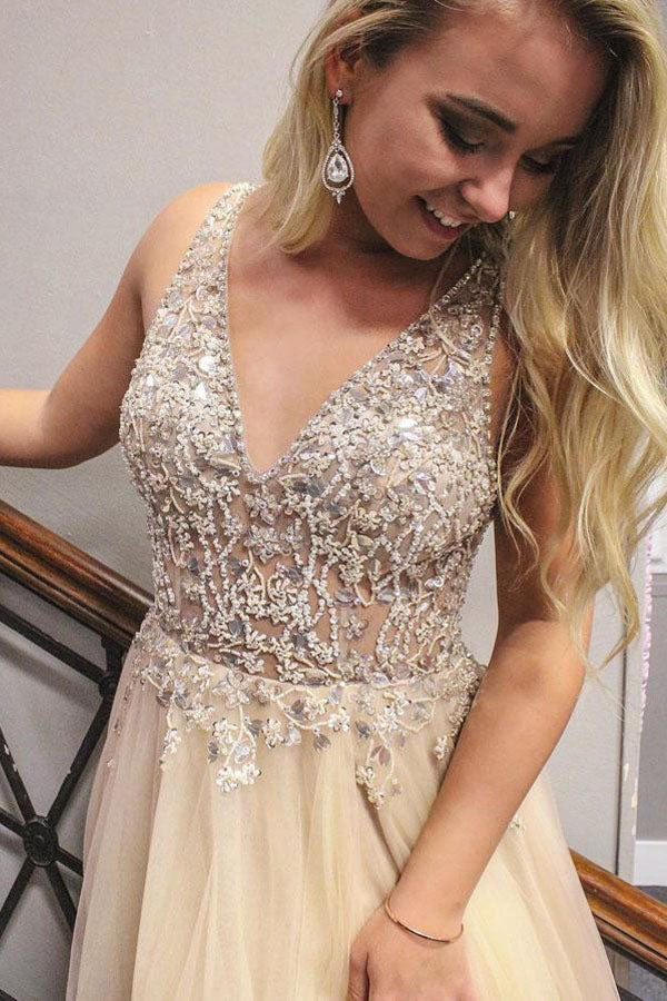 
                      
                        Beaded A Line Gold Tulle Long Prom Dress Split Evening Gown
                      
                    