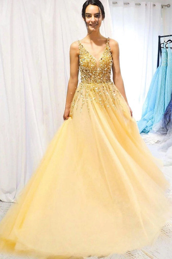 
                      
                        Beaded A-line Yellow Tulle Prom Dress Evening Dress
                      
                    