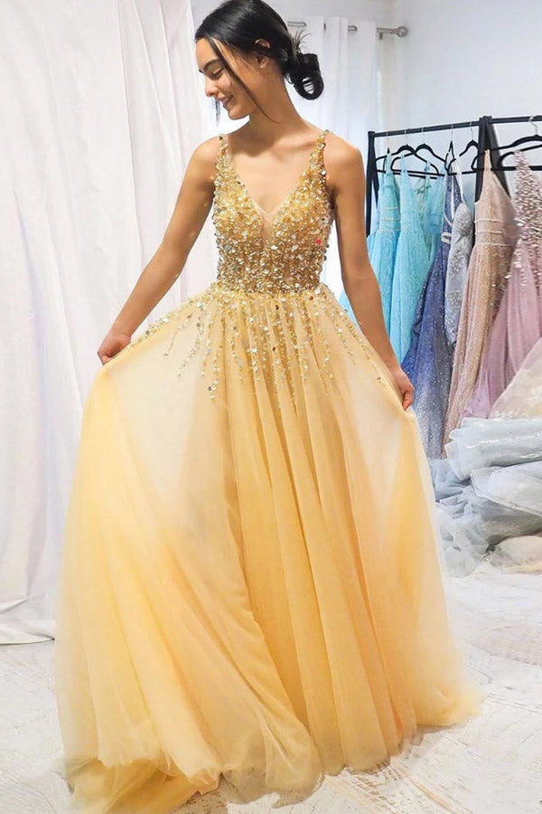 
                      
                        Beaded A-line Yellow Tulle Prom Dress Evening Dress
                      
                    