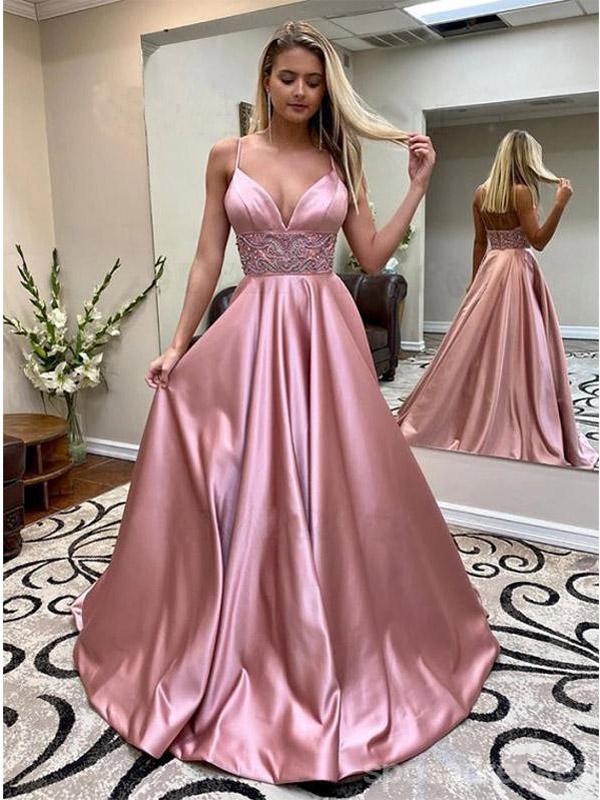 Beaded Dusty Rose Satin Long Prom Dress Formal Dress