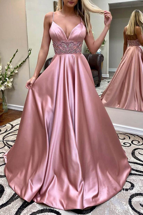 Beaded Dusty Rose Satin Long Prom Dress Formal Dress