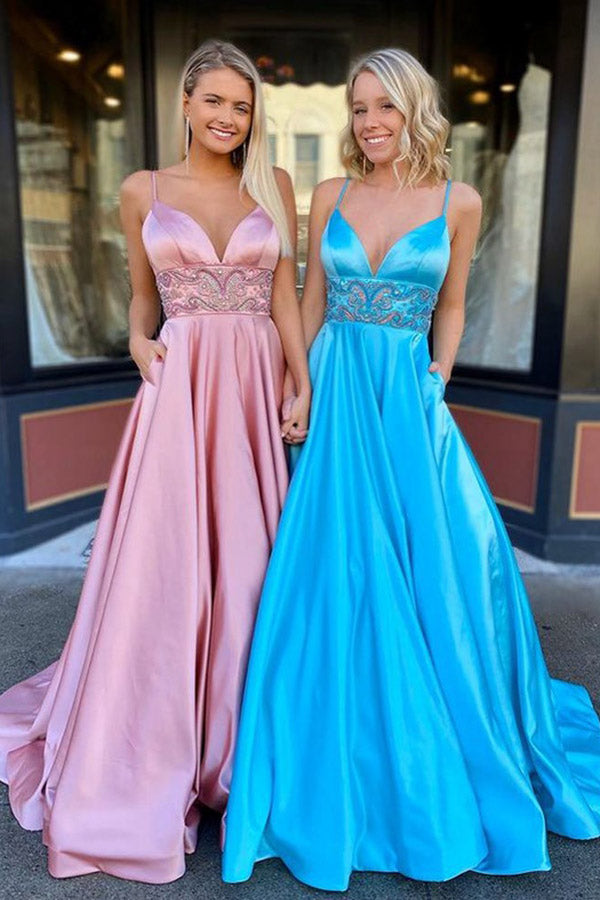 Beaded Dusty Rose Satin Long Prom Dress Formal Dress