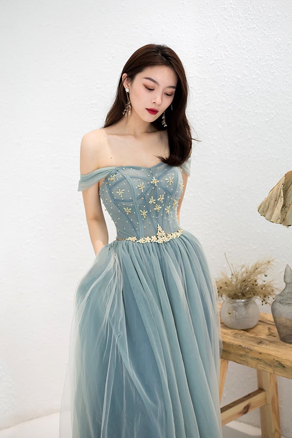 
                      
                        Beaded Off The Shoulder Dusty Blue Tulle Prom Dress
                      
                    