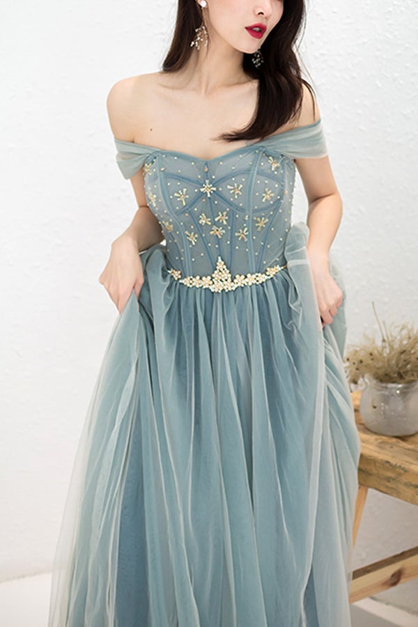 
                      
                        Beaded Off The Shoulder Dusty Blue Tulle Prom Dress
                      
                    