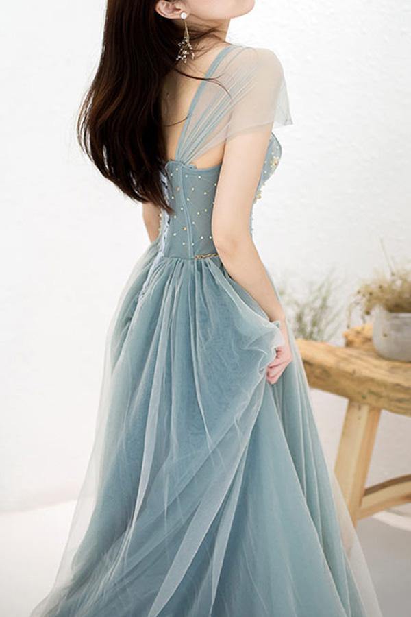 
                      
                        Beaded Off The Shoulder Dusty Blue Tulle Prom Dress
                      
                    