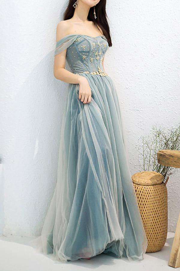 Beaded Off The Shoulder Dusty Blue Tulle Prom Dress