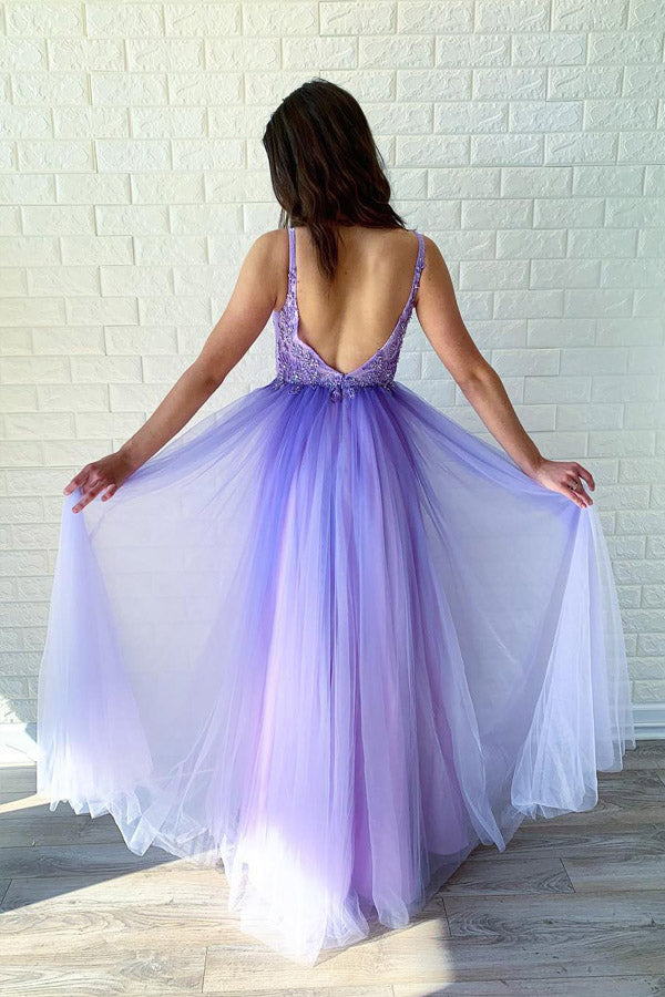 
                      
                        Beaded Purple Tulle Long Prom Dress With Appliques
                      
                    