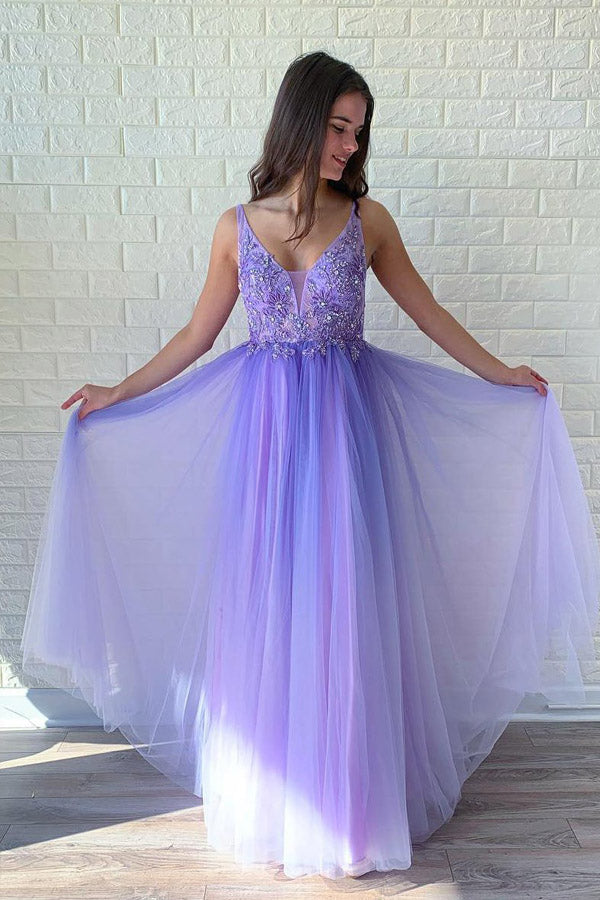 Beaded Purple Tulle Long Prom Dress With Appliques