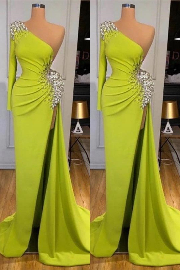 Beaded Yellow Green Mermaid Long Prom Dress with Split Sleeves