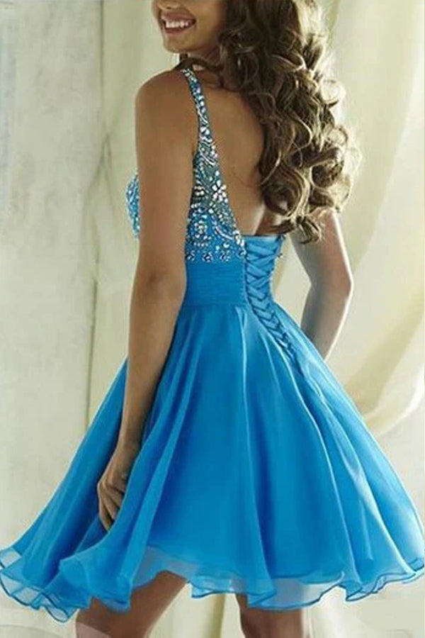 Beading Blue Chiffon Homecoming Dress