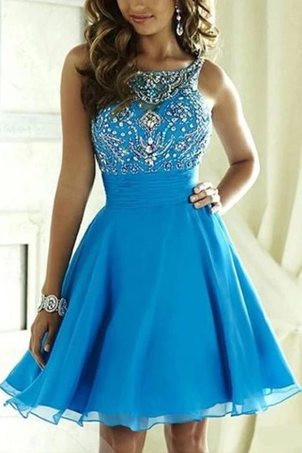 Beading Blue Chiffon Homecoming Dress