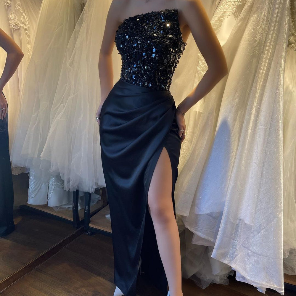 
                      
                        Beautiful Black Sequins Sleeveless Strapless Prom Dress with High Slit
                      
                    