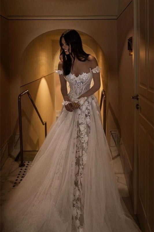 Off-the-Shoulder A-Line Wedding Dress with Lace