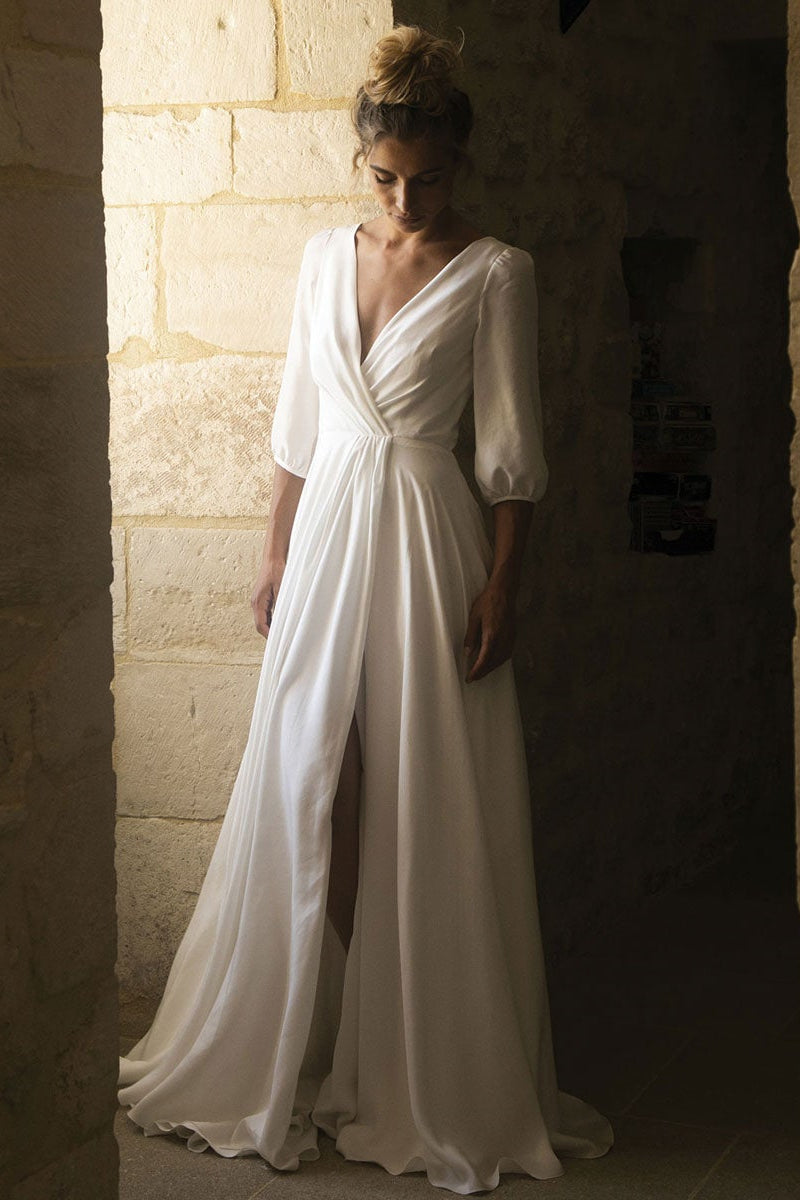 Half Sleeve V-Neck Wedding Dress