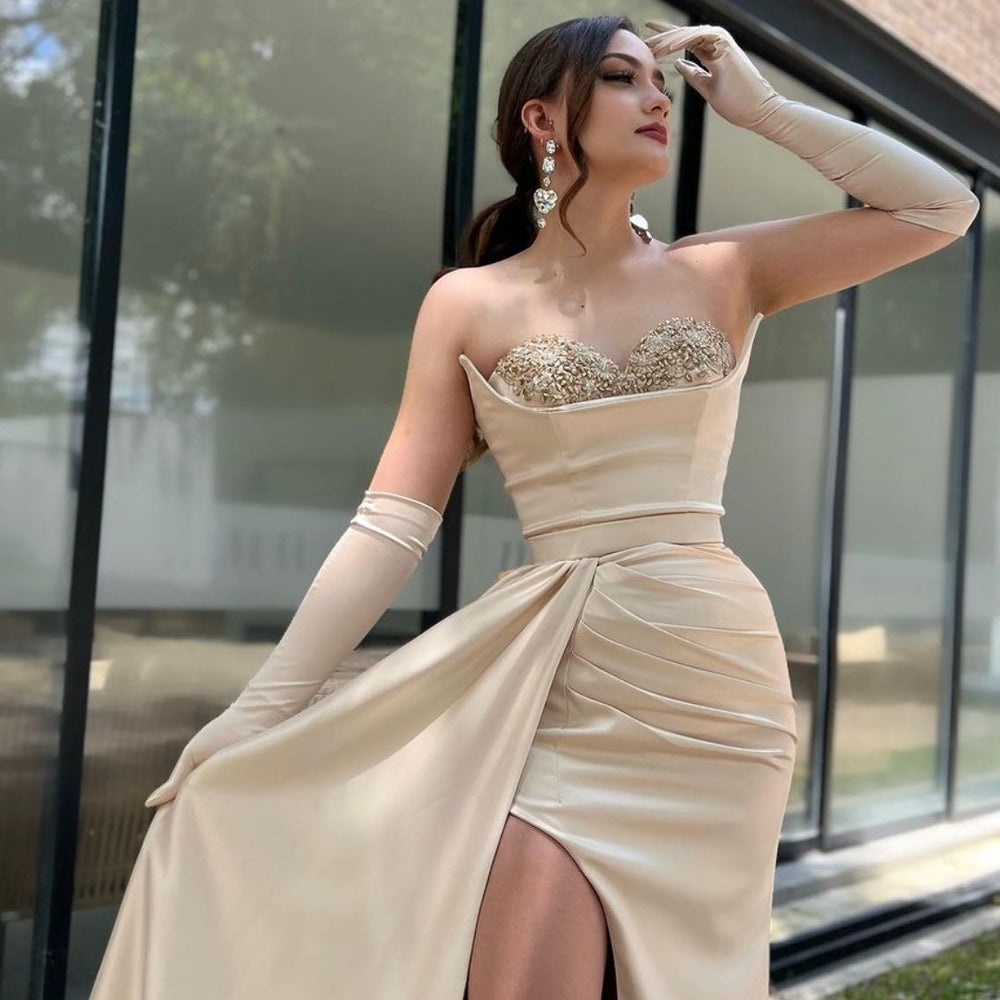 Champagne Sweetheart Prom Dress with Sleeves and High Slit