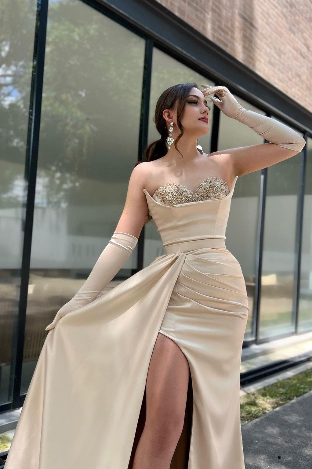 Champagne Sweetheart Prom Dress with Sleeves and High Slit