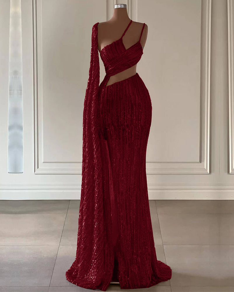 
                      
                        Burgundy Sequined Mermaid Prom Dress with Split and Long Ruffles
                      
                    