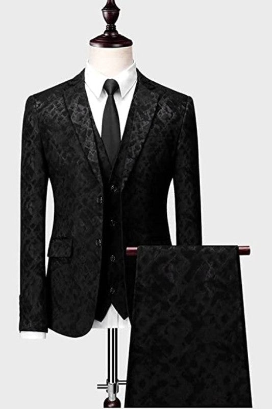 
                      
                        Modern Black Jacquard Three Pieces Notched Prom Suits For Men
                      
                    