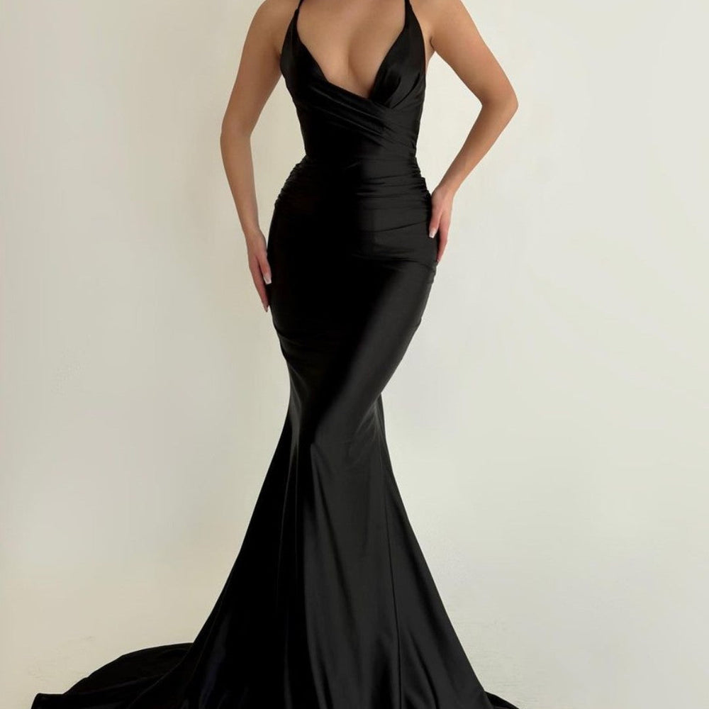 Black Halter Neck Prom Gown with Pleats