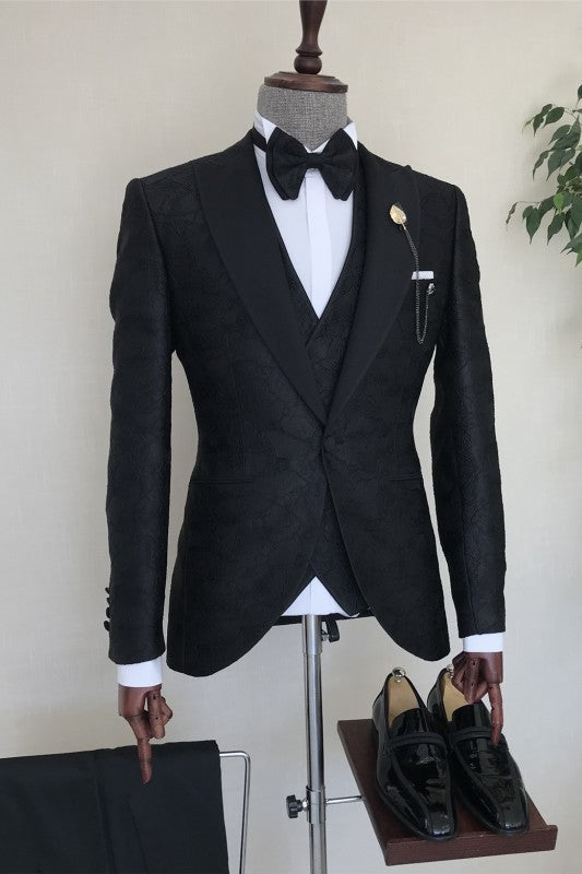 
                      
                        Charles Bespoke Black Jacquard Peaked Lapel Three Pieces Men Suits For Prom
                      
                    