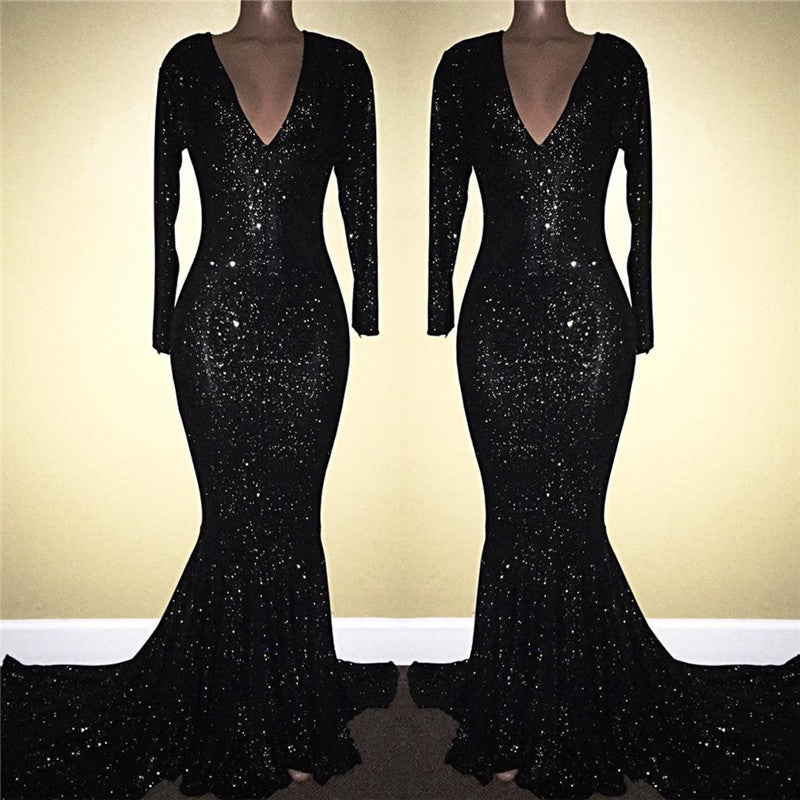 Black Long Sleeves V-Neck Mermaid Prom Dress Adorned With Sequins