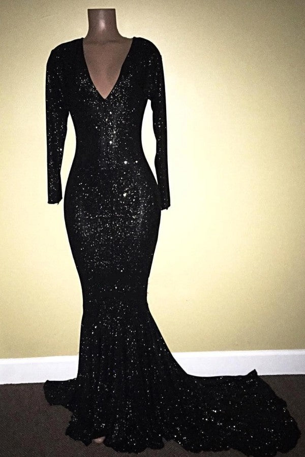 Black Long Sleeves V-Neck Mermaid Prom Dress Adorned With Sequins