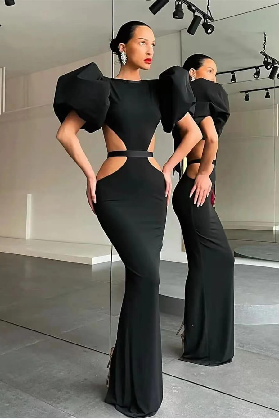 Black Mermaid Evening Dress with Puff Sleeves