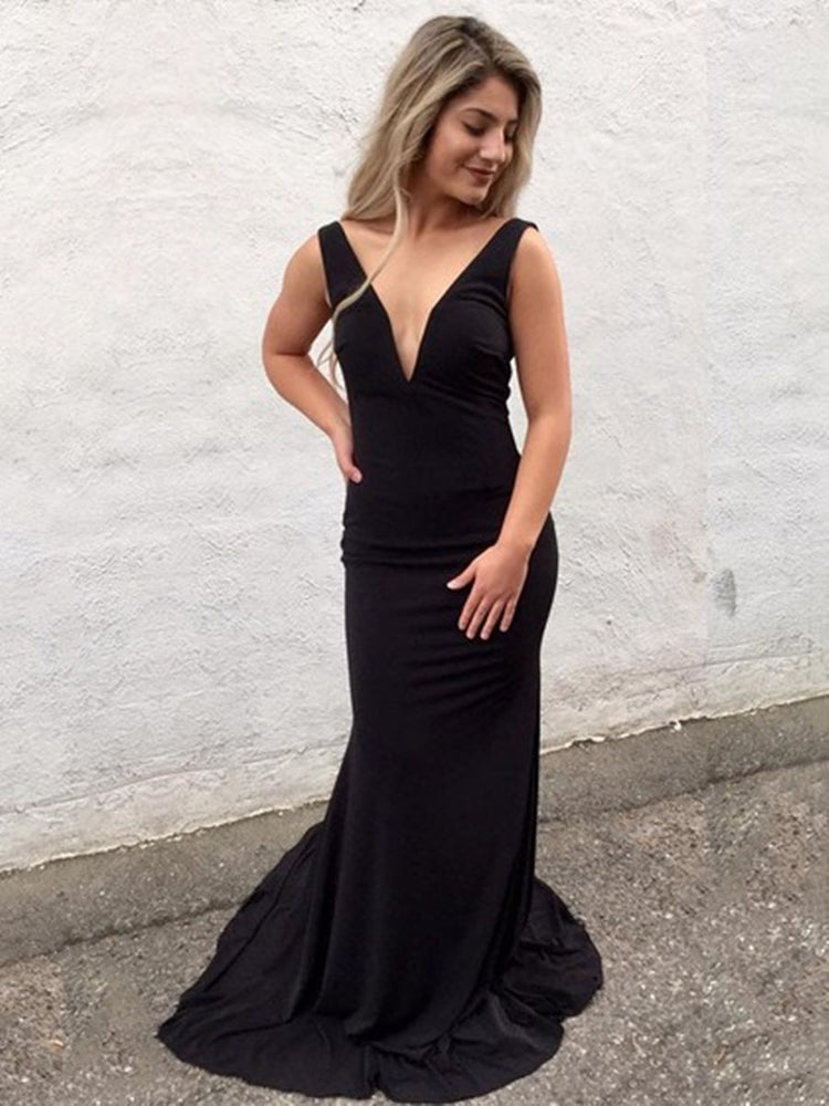 
                      
                        Black Mermaid V Neck Backless Long Prom Dresses with Sweep Train, Mermaid Black Formal Dresses, Evening Dresses
                      
                    