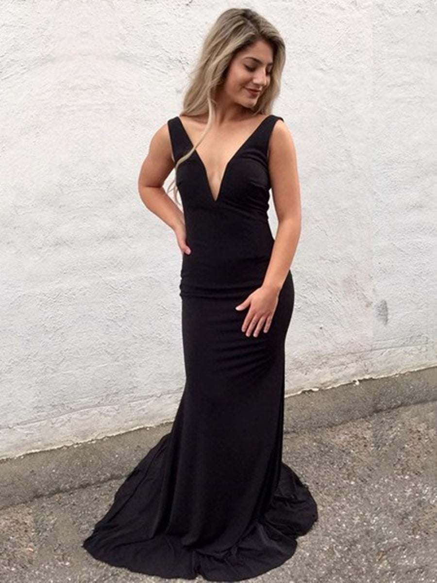 Black Mermaid V Neck Backless Long Prom Dresses with Sweep Train, Mermaid Black Formal Dresses, Evening Dresses