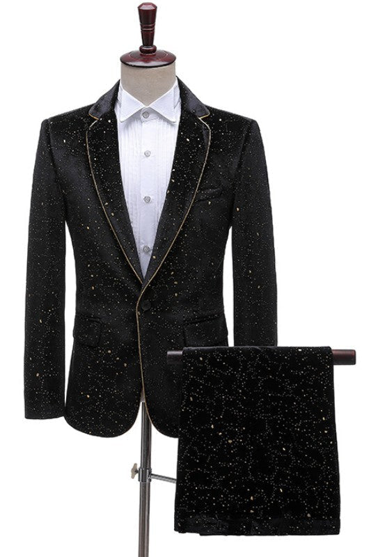 
                      
                        Morden Black Sequins Two Pieces One Button Notched Lapel Prom Suits
                      
                    