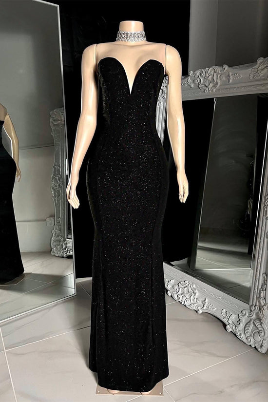 Black Strapless V Neck Sequins Sleeveless Long Mermaid Prom Dress