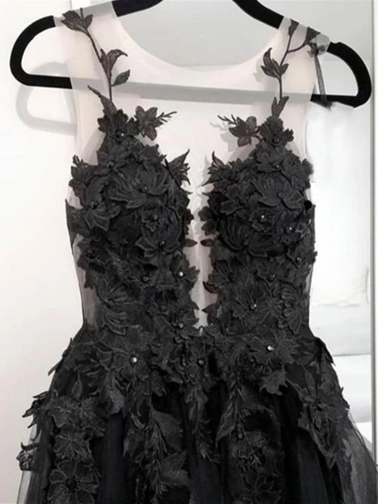 
                      
                        Black Tulle Lace Appliques Long Prom Dresses, Black Lace Formal Dresses, Black Evening Dresses
                      
                    