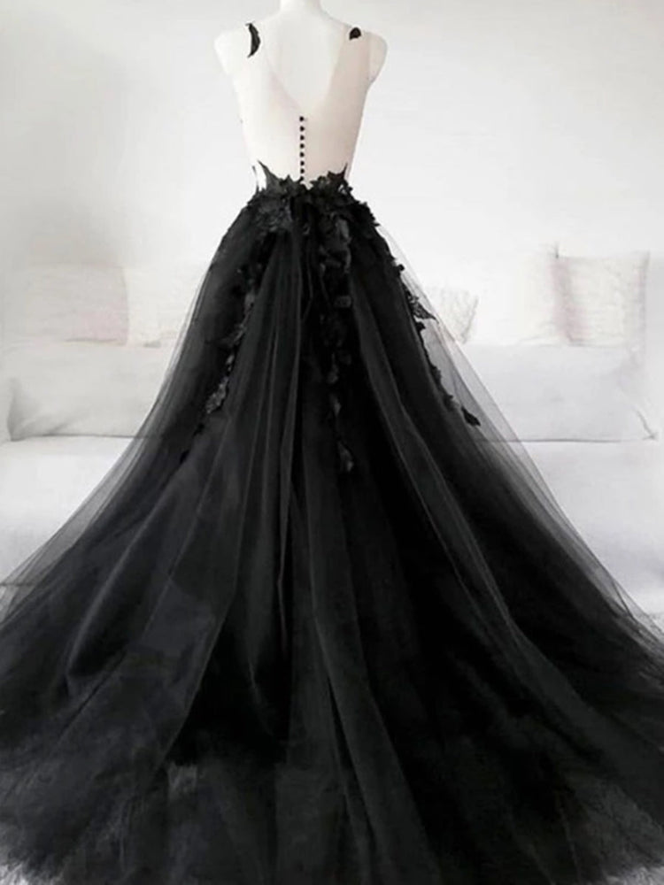 
                      
                        Black Tulle Lace Appliques Long Prom Dresses, Black Lace Formal Dresses, Black Evening Dresses
                      
                    