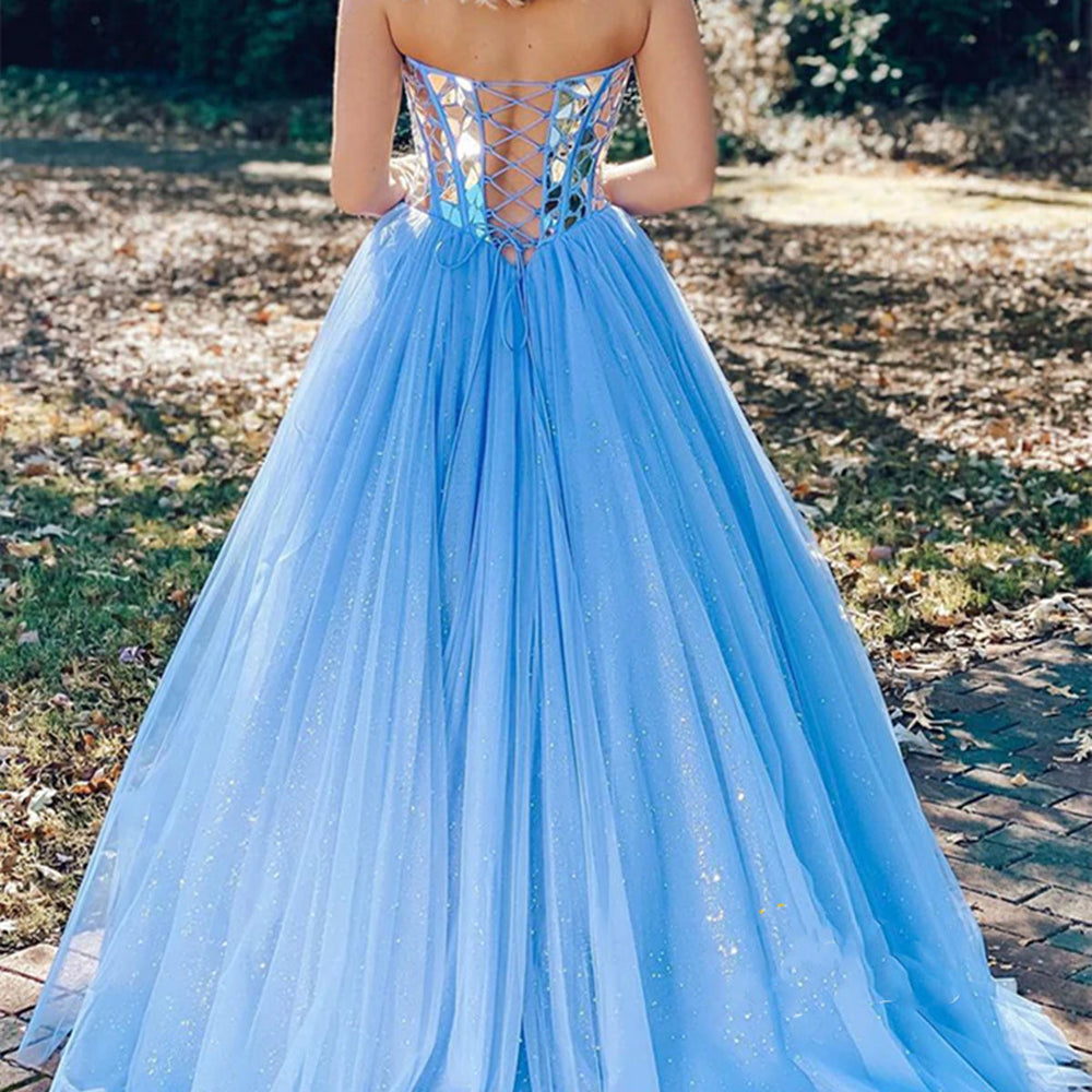 
                      
                        Bling Bling Strapless Sequins Blue Tulle Long Prom Dresses, Blue Tulle Formal Graduation Evening Dresses 
                      
                    