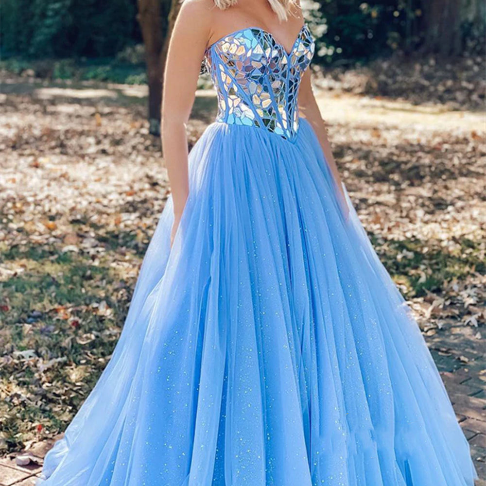 Bling Bling Strapless Sequins Blue Tulle Long Prom Dresses, Blue Tulle Formal Graduation Evening Dresses 