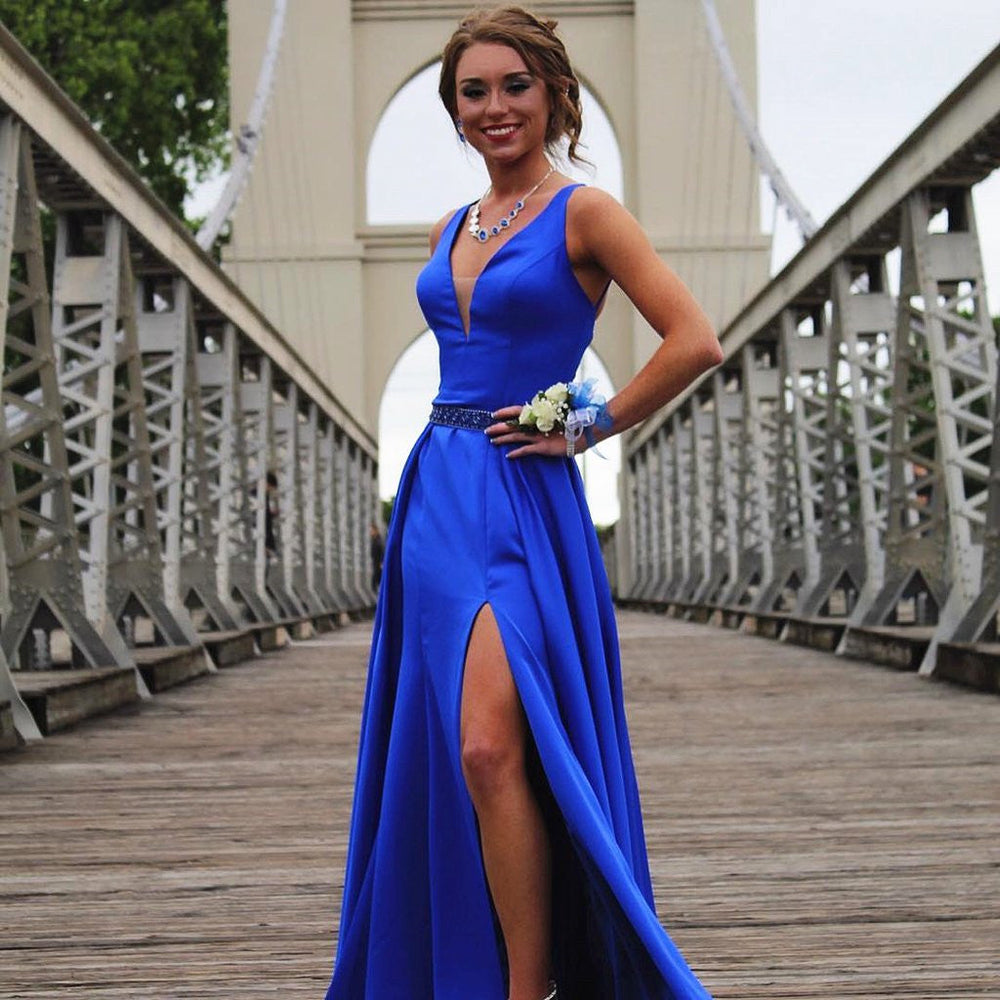 
                      
                        Blue A Line V Neck High Satin Long Prom Dresses, Blue Formal Dresses, Evening Dresses
                      
                    