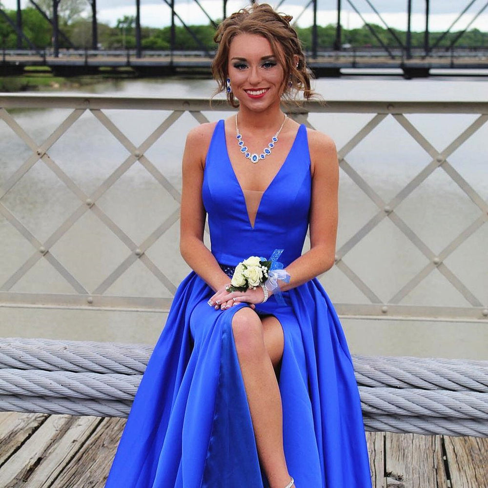 
                      
                        Blue A Line V Neck High Satin Long Prom Dresses, Blue Formal Dresses, Evening Dresses
                      
                    