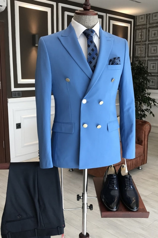 Harrison Blue Peaked Lapel Double Breasted Fashion Prom Suits