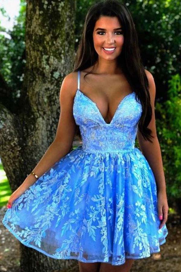 
                      
                        Blue Lace A-line Homecoming Dress School Dance Dress WD103
                      
                    