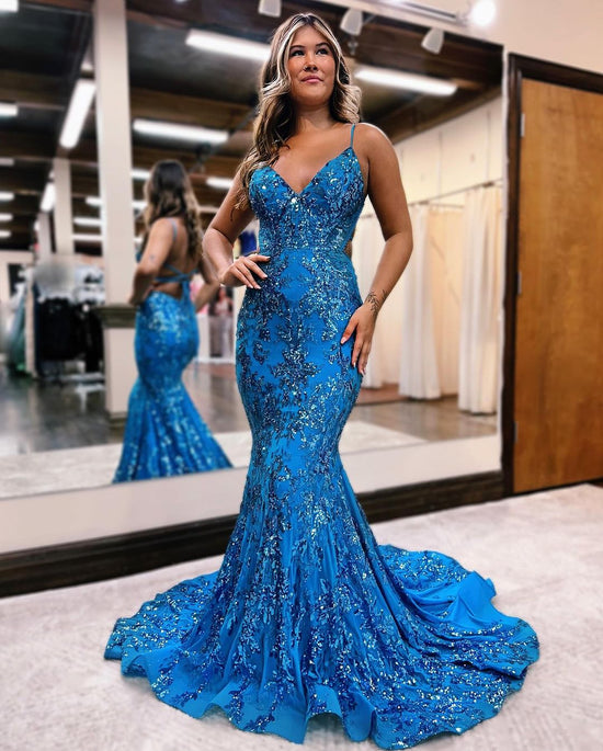 Blue Sequins Applique Prom Dress Mermaid Sleeveless Spaghetti Straps