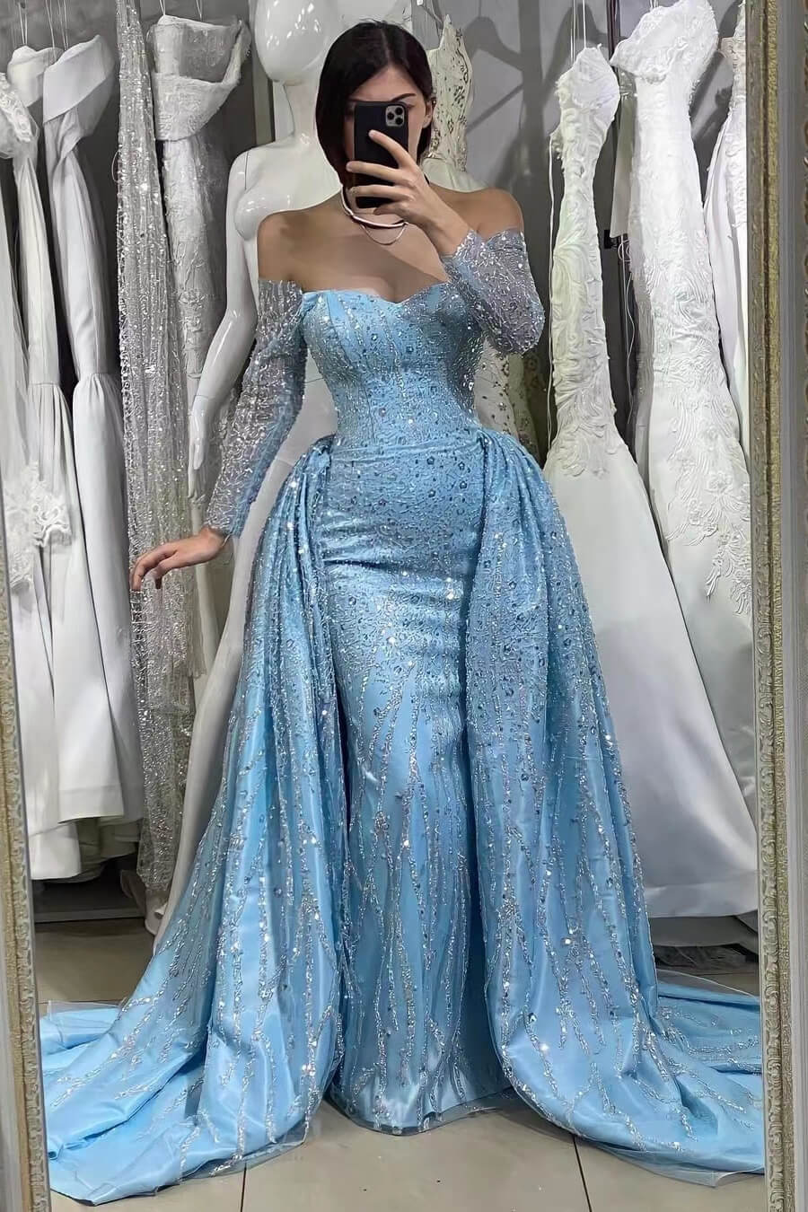 Blue Sequins Long Sleeves Beads Off-The-Shoulder Sweetheart Evening Dress With Long Ruffles