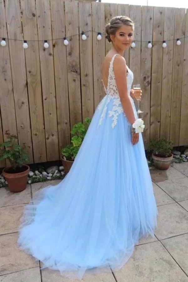 
                      
                        Blue Tulle Lace Appliqued Long Prom Dress Long Evening Dress
                      
                    