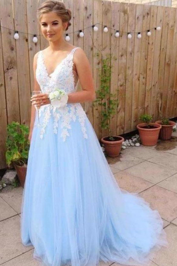 
                      
                        Blue Tulle Lace Appliqued Long Prom Dress Long Evening Dress
                      
                    